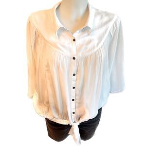 Free People White 3/4 Sleeve Bib Collar Button Down Shirt Size Large